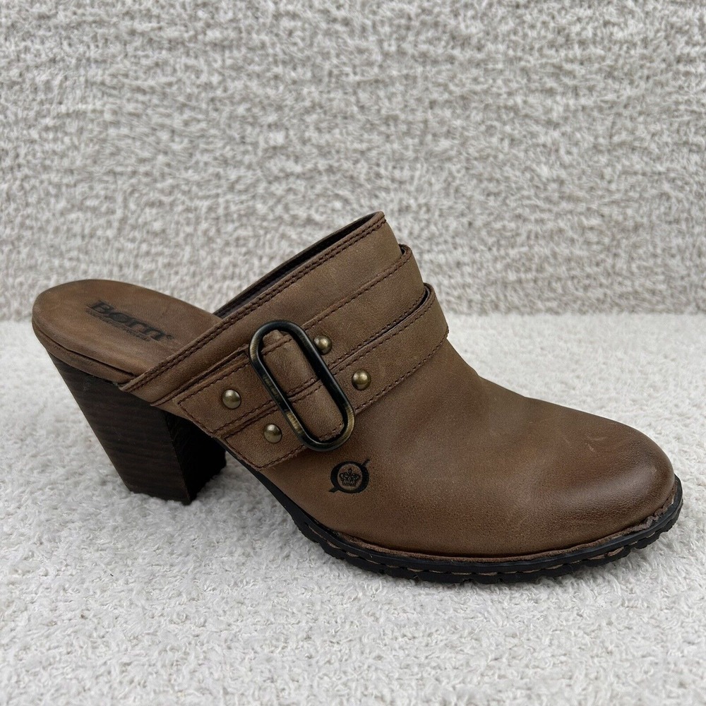 Born Shoes Womens 9 Brown Leather Studded Buckle Slip On Heeled‎ Mule Clog